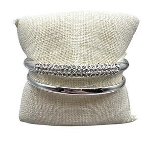 Silver Tone Pave Rhinestone & Solid Stacking Bangle Bracelets